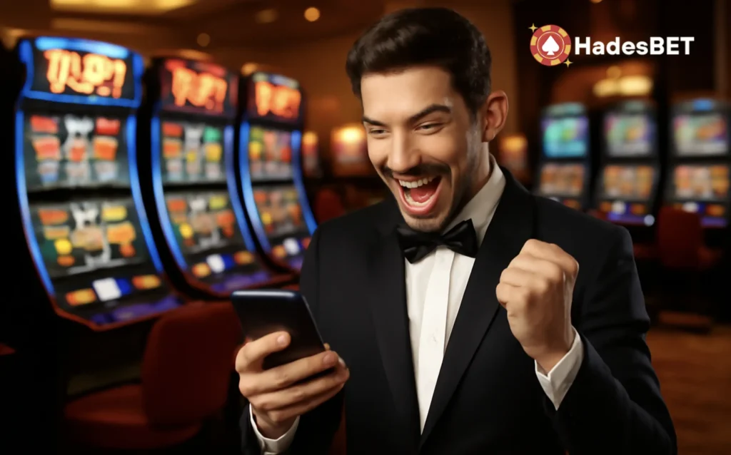 man playing Hadesbet Casino on his mobile device
